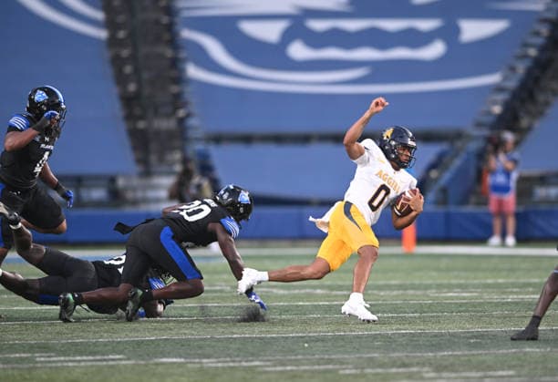 ATLANTA, GA - September 04: North Carolina A&T Aggies QB Kevin White Jr. (0) runs for yardage during game between the North Carolina A&T Aggies and the Georgia State Panthers on September 4, 2026 at Center Parc Credit Union Stadium in Atlanta, GA. (Photo by John Rivera Icon Sportswire) COLLEGE FOOTBALL: SEP 04 NC A&T at Georgia State EDITORIAL USE ONLY Icon426260904008
