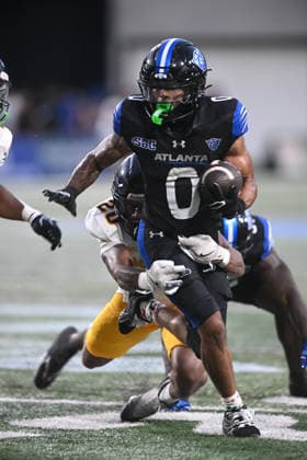 ATLANTA, GA - September 04: Georgia State Panthers RB Dennis Murray Jr. (0) stiff arms a defender during game between the North Carolina A&T Aggies and the Georgia State Panthers on September 4, 2026 at Center Parc Credit Union Stadium in Atlanta, GA. (Photo by John Rivera Icon Sportswire) COLLEGE FOOTBALL: SEP 04 NC A&T at Georgia State EDITORIAL USE ONLY Icon426260904011