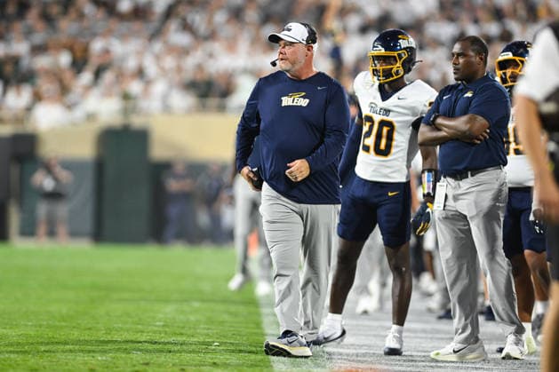 EAST LANSING, MI - SEPTEMBER 04: Toledo Rockets head coach Mike Jacobs paces the sideline in the first half of a college football game between the Michigan State Spartans and Toledo Rockets on September 4, 2026 at Spartan Stadium in East Lansing, MI. (Photo by Adam Ruff Icon Sportswire) COLLEGE FOOTBALL: SEP 04 Toledo at Michigan State EDITORIAL USE ONLY Icon260908010