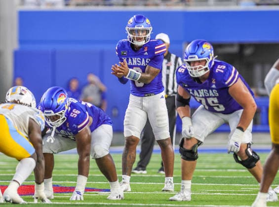Sep 4, 2026: Kansas Jayhawks quarterback Isaiah Marshall (8) looks on prior to snapping the ball against Long Island Sharks in Lawrence, KS, USA; at Memorial Stadium. Mandatory Credit: -Cal Media Lawrence USA - ZUMAc04_ 20260904_zma_c04_040 Copyright: xRomanxPunox