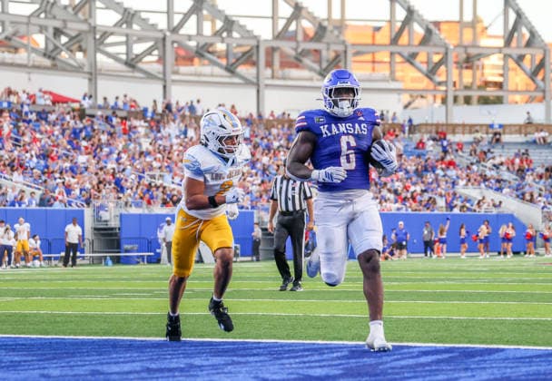 NCAA, College League, USA Football 2026: LIU Vs Kansas SEP 04 Sep 4, 2026: Kansas Jayhawks running back Yasin Willis (6) scores a touchdown against Long Island Sharks in Lawrence, KS, USA; at Memorial Stadium. Mandatory Credit: Roman Puno-Cal Media (Credit Image: Â Roman Puno Cal Sport Media) Lawrence Ks USA EDITORIAL USE ONLY Copyright: xx ZUMA-20260904_zma_c04_064.jpg RomanxPunox csmphotothree517084