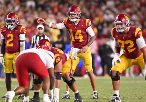 LOS ANGELES, CA - SEPTEMBER 04: Southern California Trojans quarterback Jayden Maiava (14) sets up the play before the snap during the game between the USC Trojans and the Fresno State Bulldogs on September 04, 2026 at Los Angeles Memorial Coliseum in Los Angeles. (Photo by David Dennis Icon Sportswire) COLLEGE FOOTBALL: SEP 04 Fresno State at USC EDITORIAL USE ONLY Icon26090427
