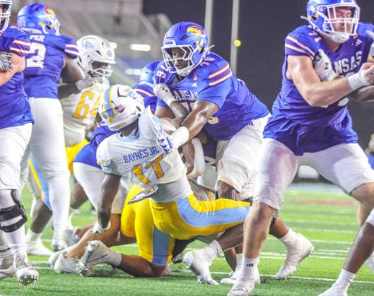NCAA, College League, USA Football 2026: LIU Vs Kansas SEP 04 Sep 4, 2026: Kansas Jayhawks offensive lineman Antonio Wilson (76) pancakes Long Island Sharks defensive lineman Phillip Baynes Jr. (17) in Lawrence, KS, USA; at Memorial Stadium. Mandatory Credit: Roman Puno-Cal Media (Credit Image: Â Roman Puno Cal Sport Media) Lawrence Ks USA EDITORIAL USE ONLY Copyright: xx ZUMA-20260904_zma_c04_083.jpg RomanxPunox csmphotothree517107