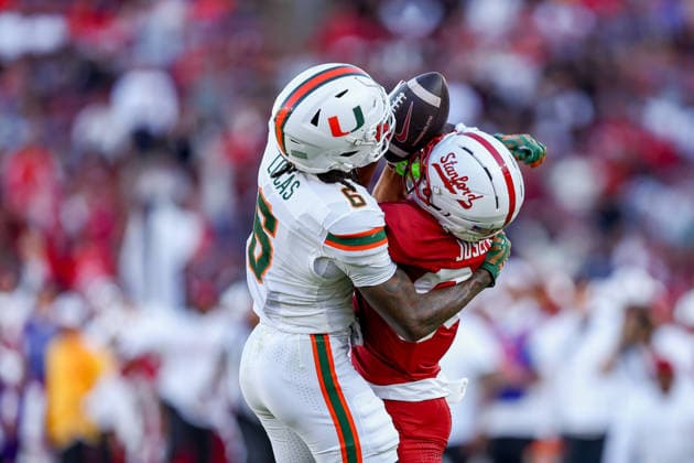 PALO ALTO, CA - SEPTEMBER 04: Miami Hurricanes defensive back Xavier Lucas (6) breaks up a pass intended for Stanford Cardinal wide receiver Atticus Joseph (89) during a college football game between the Miami Hurricanes and Stanford Cardinal on September 4, 2026 at Stanford Stadium in Palo Alto, CA. (Photo by Trinity Machan Icon Sportswire) COLLEGE FOOTBALL: SEP 04 Miami at Stanford EDITORIAL USE ONLY Icon260904000163229
