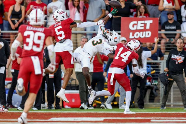 PALO ALTO, CA - SEPTEMBER 04: Stanford Cardinal safety Jay Green (5) breacks up a pass intended for Miami Hurricanes wide receiver Joshua Moore (3) during a college football game between the Miami Hurricanes and Stanford Cardinal on September 4, 2026 at Stanford Stadium in Palo Alto, CA. (Photo by Trinity Machan Icon Sportswire) COLLEGE FOOTBALL: SEP 04 Miami at Stanford EDITORIAL USE ONLY Icon260904000163237