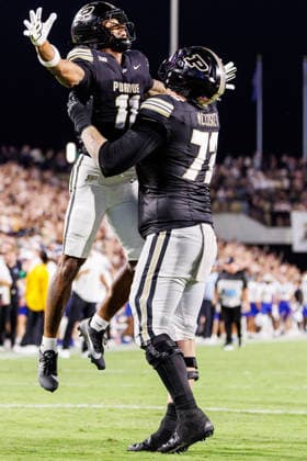 Sep 04, 2026; West Lafayette, Indiana, USA; Purdue wide receiver Tra Mar Harris (11) and Purdue offensive lineman Jude McCoskey (72) celebrate a touchdown during NCAA, College League, USA football game action between the Indiana State Sycamores and the Purdue Boilermakers at Ross-Ade Stadium in West Lafayette, Indiana. Mandatory Credit: -Cal Media - ZUMAc04_ 20260904_zma_c04_087 Copyright: xJohnxMersitsx