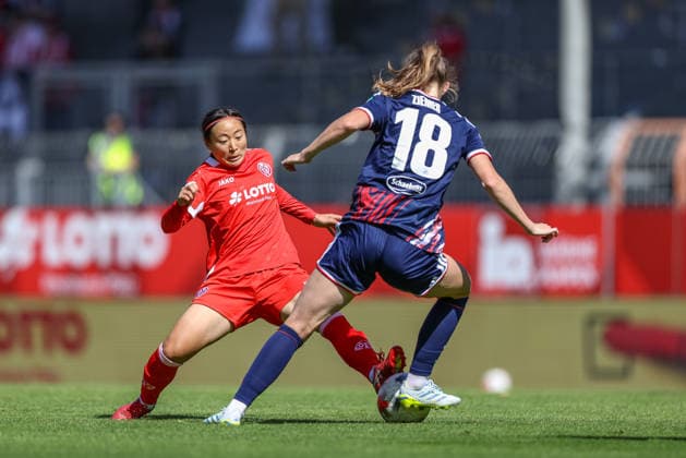 GER, Mainz, FSV Mainz 05 vs 1. FC Köln, Google Pixel Frauen Bundesliga, Fussball, DFB, Spielzeit 2026 2027, Bruchwegstadion, 3. Spieltag im Bild v.l.: Rio Takizawa (Mainz 05 Frauen 8), Taylor Ziemer (FC Köln Frauen 18), ZWEIKAMPF DFB DFL REGULATIONS PROHIBIT ANY USE OF PHOTOGRAPHS AS IMAGE SEQUENCES AND OR QUASI-VIDEO, 05.09.2026 *** GER, Mainz, FSV Mainz 05 vs. 1. FC Köln, Google Pixel Women s Bundesliga, Soccer, DFB, 2026–2027 Season, Bruchweg Stadium, Matchday 3 in pictures: from left, Rio Takizawa (Mainz 05 Women, 8), Taylor Ziemer (FC Köln Women, 18), TACKLE DFB DFL REGULATIONS PROHIBIT ANY USE OF PHOTOGRAPHS AS IMAGE SEQUENCES AND OR QUASI-VIDEO, September 5, 2026 Copyright: HMBxMedia HendrikxHamelau