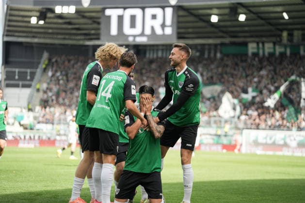 Sport Bilder des Tages Deutschland: 3. Liga 2026 2027 4. Spieltag, SC Preußen Münster vs TSV Havelse, Samstag, 05.09.2026 LVM-Preußenstadion (Münster, Nordrhein-Westfalen, Deutschland) Torjubel Freude Emotionen Tor zum 1:0 durch Antonio Tikvic (SC Preußen Münster, 4) Jubel mit Felix Higl (SC Preußen Münster, 33) Charalambos Makridis (SC Preußen Münster, 14) Niklas Varelmann (SC Preußen Münster, 36) Copyright: xMerlexKölkingx
