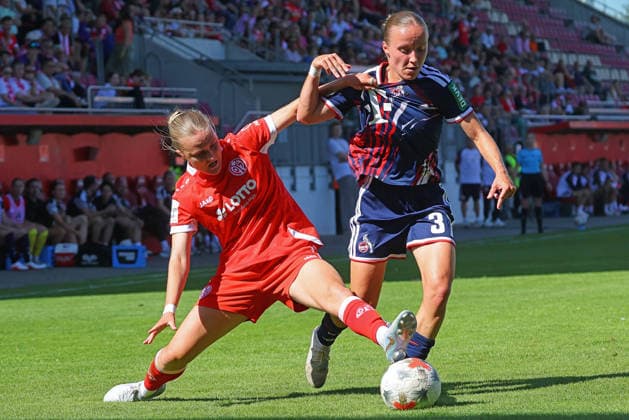Mainz, Deutschland 05. September 2026: 1. BL Frauen - 2026 2027 - Sp. 3 - 1. FSV Mainz 05 gegen 1. FC Köln Im Bild: v. li. im Zweikampf Paula Flach (FSV) gegen Beke Sterner (1. FC). DFL DFB regulations prohibit any use of photographs as image sequences and or quasi-video Bruchwegstadion Rheinland - Pfalz *** Mainz, Germany September 5, 2026 1. Bundesliga Women 2026–2027 Match 3: FSV Mainz 05 vs. 1. FC Köln Pictured from left: Paula Flach (FSV) in a tackle against Beke Sterner (1. FC). DFL and DFB regulations prohibit any use of photographs as image sequences and or quasi-video. Bruchwegstadion, Rhineland-Palatinate Copyright: xFotostandx xRacochax