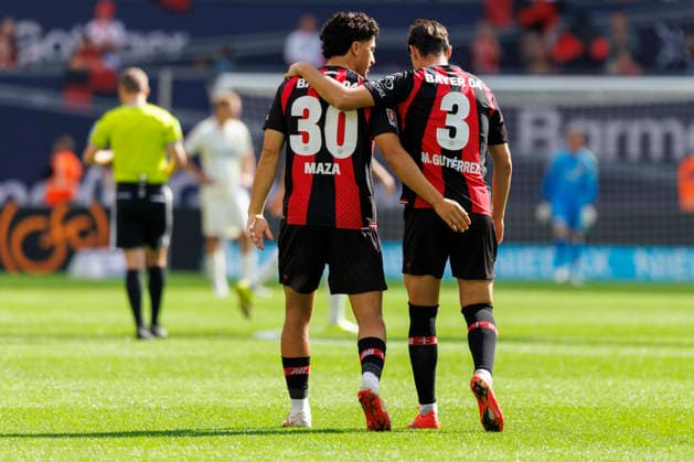 LEVERKUSEN, GERMANY - SEPTEMBER 5, 2026 : Ibrahim Maza (Bayer 04 Leverkusen, 30), Miguel Gutiérrez (Bayer 04 Leverkusen, 3) during the German Bundesliga match on gameday 2 between Bayer 04 Leverkusen vs. 1. FC Union Berlin at BayArena on September 5, 2026 in Leverkusen, Germany. DFL REGULATIONS PROHIBIT ANY USE OF PHOTOGRAPHS AS IMAGE SEQUENCES AND OR QUASI-VIDEO. Northrhine-Westphalia Germany Copyright: xAxelxKohringx