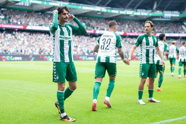 1. Bundesliga: SV Werder Bremen - RB Leipzig am 05.09.2026 im Weserstadion in Bremen Jubel, Torjubel, Torschuetze, Torschütze Eren Dinkci (Bremen) jubelt nach seinem Tor zum 1:0. *** 1 Bundesliga: SV Werder Bremen vs. RB Leipzig on September 5, 2026, at the Weserstadion in Bremen—Cheers, goal celebrations, goal scorers, goal scorer Eren Dinkci; Bremen celebrates after his goal to make it 1–0 MT
