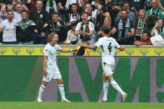 05.09.2026, xrekx, Fussball 1.Bundesliga, Borussia Moenchengladbach - SV Elversberg v.l. Torjubel nach dem Tor zum celebrating the goal celebrate 1:0 durch Hugo Bolin (Borussia Moenchengladbach) (DFL DFB REGULATIONS PROHIBIT ANY USE OF PHOTOGRAPHS as IMAGE SEQUENCES and or QUASI-VIDEO) Moenchengladbach *** September 5, 2026, xrekx, Soccer, Bundesliga 1, Borussia Mönchengladbach vs. SV Elversberg: Goal celebration after Hugo Bolin’s 1–0 goal for Borussia Mönchengladbach. DFL and DFB regulations prohibit any use of photographs as image sequences and or quasi-video. Mönchengladbach