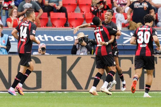 LEVERKUSEN, GERMANY - SEPTEMBER 5, 2026 : Facundo Medina (Bayer 04 Leverkusen, 2) celebrates his goal—making it 2–0 together with his teammates during the German Bundesliga match on gameday 2 between Bayer 04 Leverkusen vs. 1. FC Union Berlin at BayArena on September 5, 2026 in Leverkusen, Germany. DFL REGULATIONS PROHIBIT ANY USE OF PHOTOGRAPHS AS IMAGE SEQUENCES AND OR QUASI-VIDEO. Northrhine-Westphalia Germany Copyright: xAxelxKohringx