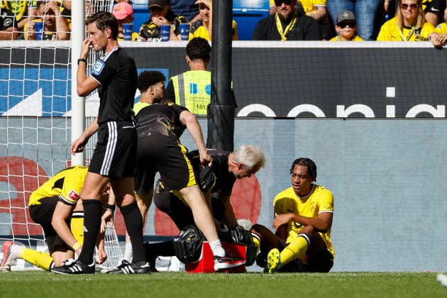 Filippo Mane (BVB Dortmund, 39) verletzt am Boden , Deutschland, Fussball, 1. Bundesliga, 2.Spieltag, 2026 2027, TSG Hoffenheim vs. Borussia Dortmund, 05.09.2026, Sinsheim SNP Arena Deutschland *** Filippo Mane, BVB Dortmund, 39, injured on the ground, Germany, soccer, Bundesliga 1, Matchday 2, 2026–2027, TSG Hoffenheim vs. Borussia Dortmund, September 5, 2026, Sinsheim SNP Arena, Germany Copyright: xGrantxHubbsx
