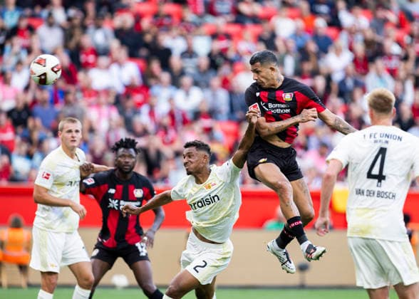 Leverkusen, Bayarena, 05.09.2026: Axel Facunda Medina of Leverkusen score the 2:0 goal per head during 1.Bundesliga Bayer 04 Leverkusen vs. FC Union Berlin. *** Leverkusen, Bayarena, September 5, 2026: Axel Facunda Medina of Leverkusen scored the 2-0 goal with a header during the Bundesliga Match 1 between Bayer 04 Leverkusen and FC Union Berlin