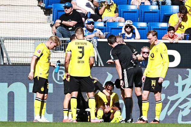 05.09.2026, xtvx, Fussball 1.Bundesliga, TSG 1899 Hoffenheim - Borussia Dortmund v.l. Filippo Mane (Borussia Dortmund) Verletzung (DFL DFB REGULATIONS PROHIBIT ANY USE OF PHOTOGRAPHS as IMAGE SEQUENCES and or QUASI-VIDEO) Sinsheim *** September 5, 2026, xtvx, Soccer 1st Bundesliga, TSG 1899 Hoffenheim vs. Borussia Dortmund, Filippo Mane (Borussia Dortmund) injury; DFL and DFB regulations prohibit any use of photographs as image sequences and or quasi-video; Sinsheim
