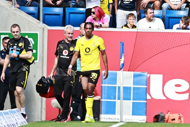 05.09.2026, xtvx, Fussball 1.Bundesliga, TSG 1899 Hoffenheim - Borussia Dortmund v.l. Filippo Mane (Borussia Dortmund) Verletzung (DFL DFB REGULATIONS PROHIBIT ANY USE OF PHOTOGRAPHS as IMAGE SEQUENCES and or QUASI-VIDEO) Sinsheim *** September 5, 2026, xtvx, Soccer 1st Bundesliga, TSG 1899 Hoffenheim vs. Borussia Dortmund, Filippo Mane (Borussia Dortmund) injury; DFL and DFB regulations prohibit any use of photographs as image sequences and or quasi-video; Sinsheim