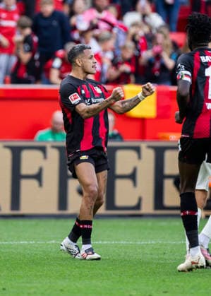 Leverkusen, Bayarena, 05.09.2026: Axel Facunda Medina of Leverkusen celebrates scoring the 2:0 goal per head during 1.Bundesliga Bayer 04 Leverkusen vs. FC Union Berlin. *** Leverkusen, Bayarena, September 5, 2026: Axel Facunda Medina of Leverkusen celebrates scoring the 2-0 goal with a header during the Bundesliga match between Bayer 04 Leverkusen and FC Union Berlin.
