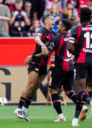 Leverkusen, Bayarena, 05.09.2026: Axel Facunda Medina of Leverkusen celebrates scoring the 2:0 goal per head during 1.Bundesliga Bayer 04 Leverkusen vs. FC Union Berlin. *** Leverkusen, Bayarena, September 5, 2026: Axel Facunda Medina of Leverkusen celebrates scoring the 2-0 goal with a header during the Bundesliga match between Bayer 04 Leverkusen and FC Union Berlin.
