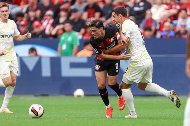 Miguel Gutierrez (Bayer 04 Leverkusen) und Rani Khedira (1.FC Union Berlin) im Zweikampf waehrend des Spiels der 1. Bundesliga zwischen Bayer 04 Leverkusen und 1. FC Union Berlin, BayArena am 05. September 2026 in Leverkusen, Deutschland. (Foto von Oliver Kaelke DeFodi Images) +++ Miguel Gutierrez (Bayer 04 Leverkusen) und Rani Khedira (1.FC Union Berlin) battle for the ball during the Bundesliga match between Bayer 04 Leverkusen and 1. FC Union Berlin at BayArena on September 5, 2026 in Leverkusen, Germany. (Photo by Oliver Kaelke DeFodi Images) DFB DFL REGULATIONS PROHIBIT ANY USE OF PHOTOGRAPHS AS IMAGE SEQUENCES AND OR QUASI-VIDEO. (Photo by Oliver Kaelke DeFodi Images) - *** Miguel Gutierrez of Bayer 04 Leverkusen and Rani Khedira of 1 FC Union Berlin battle for the ball during the Bundesliga match between Bayer 04 Leverkusen and 1 FC Union Berlin at the BayArena on September 5, 2026, in Leverkusen, Germany. Photo by Oliver Kaelke, DeFodi Images. Miguel Gutierrez of Bayer 04 Leverkusen and Rani Khedira of 1. FC Union Berlin battle for the ball during the Bundesliga match between Bayer 04 Leverkusen and 1. FC Union Berlin at BayArena on September 5, 2026 in Leverkusen, Germany Photo by Oliver Kaelke DeFodi Images DFB DFL REGULATIONS PROHIBIT ANY USE OF PHOTOGRAPHS AS IMAGE SEQUENCES AND OR QUASI-VIDEO Photo by Oliver Kaelke DeFodi Images
