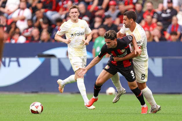 Miguel Gutierrez (Bayer 04 Leverkusen) und Rani Khedira (1.FC Union Berlin) im Zweikampf waehrend des Spiels der 1. Bundesliga zwischen Bayer 04 Leverkusen und 1. FC Union Berlin, BayArena am 05. September 2026 in Leverkusen, Deutschland. (Foto von Oliver Kaelke DeFodi Images) +++ Miguel Gutierrez (Bayer 04 Leverkusen) und Rani Khedira (1.FC Union Berlin) battle for the ball during the Bundesliga match between Bayer 04 Leverkusen and 1. FC Union Berlin at BayArena on September 5, 2026 in Leverkusen, Germany. (Photo by Oliver Kaelke DeFodi Images) DFB DFL REGULATIONS PROHIBIT ANY USE OF PHOTOGRAPHS AS IMAGE SEQUENCES AND OR QUASI-VIDEO. (Photo by Oliver Kaelke DeFodi Images) - *** Miguel Gutierrez of Bayer 04 Leverkusen and Rani Khedira of 1 FC Union Berlin battle for the ball during the Bundesliga match between Bayer 04 Leverkusen and 1 FC Union Berlin at the BayArena on September 5, 2026, in Leverkusen, Germany. Photo by Oliver Kaelke, DeFodi Images. Miguel Gutierrez of Bayer 04 Leverkusen and Rani Khedira of 1. FC Union Berlin battle for the ball during the Bundesliga match between Bayer 04 Leverkusen and 1. FC Union Berlin at BayArena on September 5, 2026 in Leverkusen, Germany Photo by Oliver Kaelke DeFodi Images DFB DFL REGULATIONS PROHIBIT ANY USE OF PHOTOGRAPHS AS IMAGE SEQUENCES AND OR QUASI-VIDEO Photo by Oliver Kaelke DeFodi Images