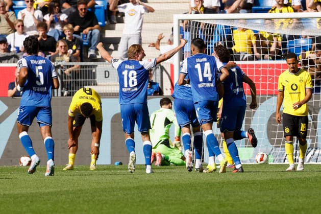 Im Bild: Jubel nach dem Tor zum 1:0 bei Wouter Burger (TSG 1899 Hoffenheim, 18) und seinen Teamspielern und Enttaeuschung beim BVB 05.09.2026, TSG 1899 Hoffenheim - Borussia Dortmund, 1. Bundesliga, 2. Spieltag, Deutschland, Sinsheim, SNP Arena, DFL REGULATIONS PROHIBIT ANY USE OF PHOTOGRAPHS AS IMAGE SEQUENCES AND OR QUASI-VIDEO. *** Pictured: Jubilation after the 1-0 goal by Wouter Burger (TSG 1899 Hoffenheim, 18) and his teammates, and disappointment among the BVB players on September 5, 2026, TSG 1899 Hoffenheim vs. Borussia Dortmund, Bundesliga 1, Matchday 2, Germany, Sinsheim, SNP Arena. DFL regulations prohibit any use of photographs as image sequences and or quasi-video. Copyright: HMBxMedia xJulienxBecker