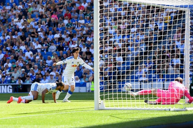 Brighton and Hove Albion v Leeds United, Premier League GOAL 0-1 scored by Jayden Bogle Defender of Leeds United during the Premier League match between Brighton and Hove Albion and Leeds United at the American Express Stadium, Brighton and Hove, UK on 5 September 2026. Brighton and Hove American Express Stadium East Sussex UK Editorial use only DataCo restrictions apply See www.football-dataco.com , Copyright: xJeffxMoodx PSI-24837-0028