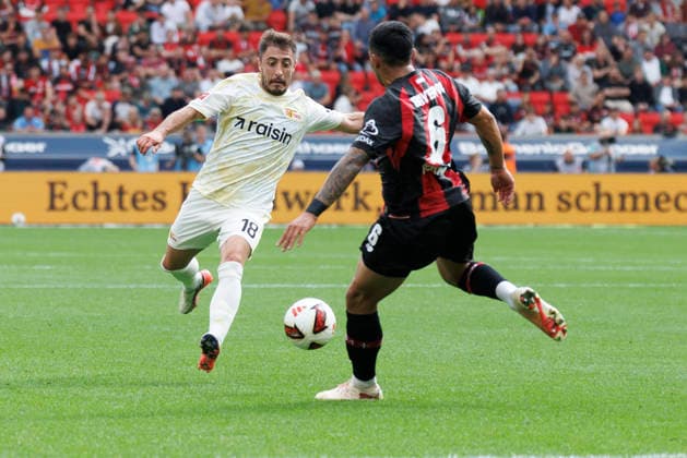 LEVERKUSEN, GERMANY - SEPTEMBER 5, 2026: Josip Juranovi c (1. FC Union Berlin, 18), Equi Fernández (Bayer 04 Leverkusen, 6) during the German Bundesliga match on gameday 2 between Bayer 04 Leverkusen vs. 1. FC Union Berlin at BayArena on September 5, 2026 in Leverkusen, Germany. DFL REGULATIONS PROHIBIT ANY USE OF PHOTOGRAPHS AS IMAGE SEQUENCES AND OR QUASI-VIDEO. Northrhine-Westphalia Germany Copyright: xAxelxKohringx
