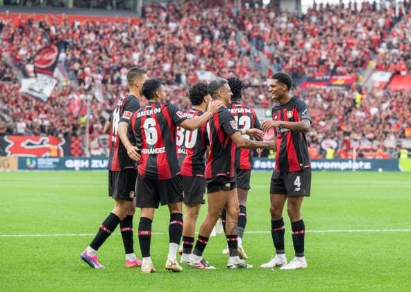 Fußball, Herren, Saison 2026 2027, 1. Bundesliga (2. Spieltag), Bayer 04 Leverkusen - 1. FC Union Berlin, v. l. Patrik Schick (Bayer 04 Leverkusen), Equi Fernandez (Bayer 04 Leverkusen), Facundo Medina (Bayer 04 Leverkusen), Jarell Quansah (Bayer 04 Leverkusen), Jubel nach Tor zum 2:0, 05.09.2026, *** Soccer, Men s, 2026–2027 Season, Bundesliga 1, Matchday 2, Bayer 04 Leverkusen 1 FC Union Berlin; from left: Patrik Schick (Bayer 04 Leverkusen), Equi Fernandez (Bayer 04 Leverkusen), Facundo Medina (Bayer 04 Leverkusen), Jarell Quansah (Bayer 04 Leverkusen), Celebration after the 2–0 goal, September 5, 2026, Copyright: xMatthiasxKochx
