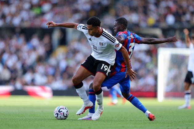 5th September 2026; Craven Cottage, Fulham, London, England; Premier League Football, Fulham versus Crystal Palace; Shea Charles of Fulham under pressure from Tyrick Mitchell of Crystal Palace JohnxPatrickxFletcher