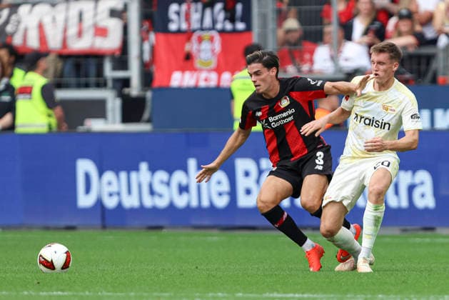 Miguel Gutierrez (Bayer 04 Leverkusen) und Michel Aebischer (1.FC Union Berlin) im Zweikampf waehrend des Spiels der 1. Bundesliga zwischen Bayer 04 Leverkusen und 1. FC Union Berlin, BayArena am 05. September 2026 in Leverkusen, Deutschland. (Foto von Oliver Kaelke DeFodi Images) +++ Miguel Gutierrez (Bayer 04 Leverkusen) und Michel Aebischer (1.FC Union Berlin) battle for the ball during the Bundesliga match between Bayer 04 Leverkusen and 1. FC Union Berlin at BayArena on September 5, 2026 in Leverkusen, Germany. (Photo by Oliver Kaelke DeFodi Images) DFB DFL REGULATIONS PROHIBIT ANY USE OF PHOTOGRAPHS AS IMAGE SEQUENCES AND OR QUASI-VIDEO. (Photo by Oliver Kaelke DeFodi Images) - *** Miguel Gutierrez of Bayer 04 Leverkusen and Michel Aebischer of 1 FC Union Berlin battle for the ball during the Bundesliga match between Bayer 04 Leverkusen and 1 FC Union Berlin at the BayArena on September 5, 2026, in Leverkusen, Germany. Photo by Oliver Kaelke, DeFodi Images. Miguel Gutierrez of Bayer 04 Leverkusen and Michel Aebischer of 1. FC Union Berlin battle for the ball during the Bundesliga match between Bayer 04 Leverkusen and 1. FC Union Berlin at BayArena on September 5, 2026 in Leverkusen, Germany. Photo by Oliver Kaelke, DeFodi Images. DFB and DFL regulations prohibit any use of photographs as image sequences and or quasi-video. Photo by Oliver Kaelke, DeFodi Images.