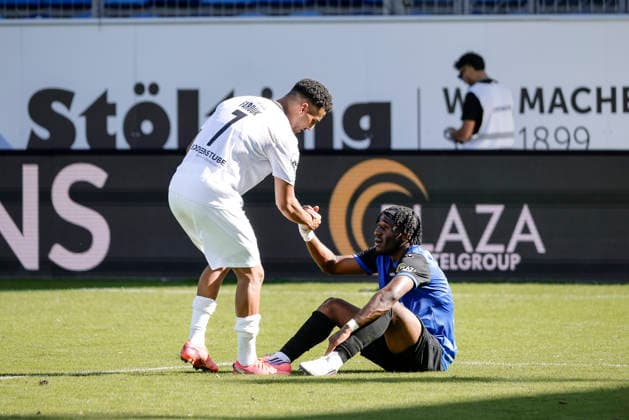 05.09.2026, xhettx, Fussball 3.Liga, SV Waldhof Mannheim - SC Verl v.l. Amin Farouk (SC Verl, 7) bei Owono Keumo (SV Waldhof Mannheim, 17)