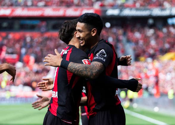 Leverkusen, Bayarena, 05.09.2026: Ezequiel Fernandez of Leverkusen (R) celebrates scoring the 1:0 goal with Afonso Bastardo Moreira of Leverkusen during 1.Bundesliga Bayer 04 Leverkusen vs. FC Union Berlin. *** Leverkusen, Bayarena, September 5, 2026: Ezequiel Fernandez of Leverkusen (R) celebrates scoring the 1-0 goal with Afonso Bastardo Moreira of Leverkusen during the Bundesliga match between Bayer 04 Leverkusen and FC Union Berlin
