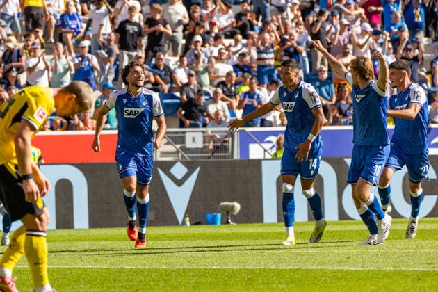 05.09.26 TSG Hoffenheim - Borussia Dortmund Deutschland, Sinsheim, 05.09.2026, Fussball, Bundesliga, Saison 2026 2027, TSG Hoffenheim - Borussia Dortmund: Leon Avdullahu (TSG Hoffenheim); Jubel Tor 1:0 Avdullahu. *** 05 09 26 TSG Hoffenheim Borussia Dortmund Germany, Sinsheim, 05 09 2026, Soccer, Bundesliga, 2026–2027 season, TSG Hoffenheim vs. Borussia Dortmund: Leon Avdullahu (TSG Hoffenheim) celebrates the goal (1–0) by Avdullahu
