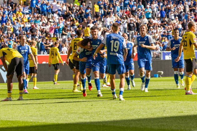 05.09.26 TSG Hoffenheim - Borussia Dortmund Deutschland, Sinsheim, 05.09.2026, Fussball, Bundesliga, Saison 2026 2027, TSG Hoffenheim - Borussia Dortmund: Leon Avdullahu (TSG Hoffenheim); Jubel Tor 1:0 Avdullahu. *** 05 09 26 TSG Hoffenheim Borussia Dortmund Germany, Sinsheim, 05 09 2026, Soccer, Bundesliga, 2026–2027 season, TSG Hoffenheim vs. Borussia Dortmund: Leon Avdullahu (TSG Hoffenheim) celebrates the goal (1–0) by Avdullahu