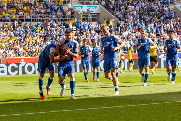05.09.26 TSG Hoffenheim - Borussia Dortmund Deutschland, Sinsheim, 05.09.2026, Fussball, Bundesliga, Saison 2026 2027, TSG Hoffenheim - Borussia Dortmund: Leon Avdullahu (TSG Hoffenheim); Jubel Tor 1:0 Avdullahu. *** 05 09 26 TSG Hoffenheim Borussia Dortmund Germany, Sinsheim, 05 09 2026, Soccer, Bundesliga, 2026–2027 season, TSG Hoffenheim vs. Borussia Dortmund: Leon Avdullahu (TSG Hoffenheim) celebrates the goal (1–0) by Avdullahu