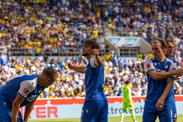 05.09.26 TSG Hoffenheim - Borussia Dortmund Deutschland, Sinsheim, 05.09.2026, Fussball, Bundesliga, Saison 2026 2027, TSG Hoffenheim - Borussia Dortmund: Leon Avdullahu (TSG Hoffenheim); Jubel Tor 1:0 Avdullahu. *** 05 09 26 TSG Hoffenheim Borussia Dortmund Germany, Sinsheim, 05 09 2026, Soccer, Bundesliga, 2026–2027 season, TSG Hoffenheim vs. Borussia Dortmund: Leon Avdullahu (TSG Hoffenheim) celebrates the goal (1–0) by Avdullahu