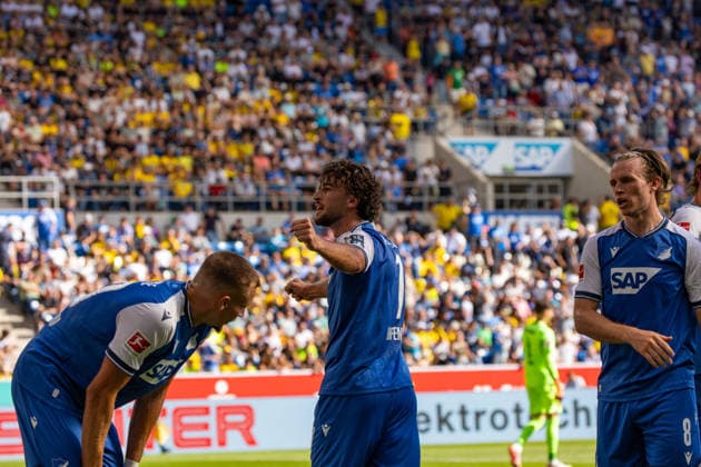 05.09.26 TSG Hoffenheim - Borussia Dortmund Deutschland, Sinsheim, 05.09.2026, Fussball, Bundesliga, Saison 2026 2027, TSG Hoffenheim - Borussia Dortmund: Leon Avdullahu (TSG Hoffenheim); Jubel Tor 1:0 Avdullahu. *** 05 09 26 TSG Hoffenheim Borussia Dortmund Germany, Sinsheim, 05 09 2026, Soccer, Bundesliga, 2026–2027 season, TSG Hoffenheim vs. Borussia Dortmund: Leon Avdullahu (TSG Hoffenheim) celebrates the goal (1–0) by Avdullahu