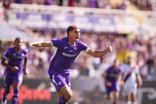 Fiorentina™s Mateo Pellegrino celebrates after scoring the 1-0 goal for his team during the Serie A soccer match between Fiorentina and Torino at the Artemio Franchi Stadium in Florence, north Italy - Saturday, September 5, 2026 -  Copyright: xMassimoxPaolone LaPressex