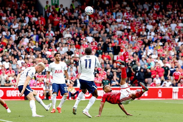 Nottingham Forest v Tottenham Hotspur, Premier League Nottingham Forest defender Murillo (5) tries scissor kick during the Premier League match between Nottingham Forest and Tottenham Hotspur at the City Ground, Nottingham, UK on 5 September 2026. Nottingham City Ground Nottinghamshire UK Editorial use only DataCo restrictions apply See www.football-dataco.com , Copyright: xManjitxNarotrax PSI-24805-0030