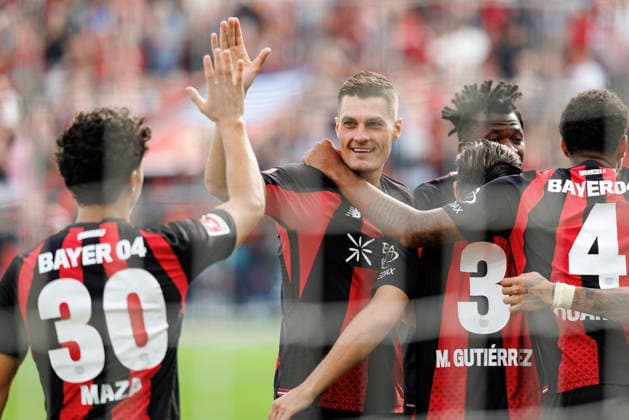 LEVERKUSEN, GERMANY - SEPTEMBER 5, 2026: Patrik Schick (Bayer 04 Leverkusen, 14) celebrates his goal—making it 3–0 together with his teammates during the German Bundesliga match on gameday 2 between Bayer 04 Leverkusen vs. 1. FC Union Berlin at BayArena on September 5, 2026 in Leverkusen, Germany. DFL REGULATIONS PROHIBIT ANY USE OF PHOTOGRAPHS AS IMAGE SEQUENCES AND OR QUASI-VIDEO. Northrhine-Westphalia Germany Copyright: xAxelxKohringx