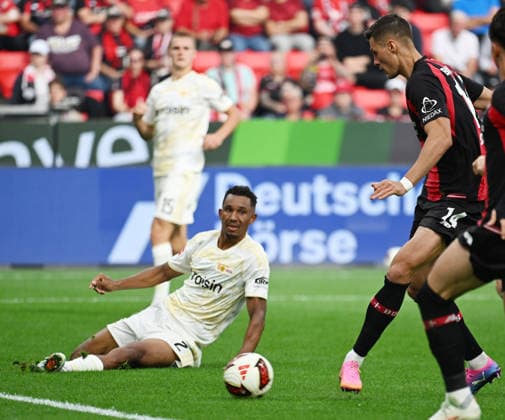 05.09.2026, xophax, Fussball 1.Bundesliga, Bayer 04 Leverkusen - 1.FC Union Berlin Patrick Schick , rechts ( Bayer 04 Leverkusen ) schiebt zum 3 zu 0 ein . Links Felix Udoukhai ( Union Berlin ) (DFL DFB REGULATIONS PROHIBIT ANY USE OF PHOTOGRAPHS as IMAGE SEQUENCES and or QUASI-VIDEO) Leverkusen *** September 5, 2026, xophax, Soccer 1st Bundesliga, Bayer 04 Leverkusen 1 FC Union Berlin Patrick Schick, on the right, Bayer 04 Leverkusen scores to make it 3–0; on the left, Felix Udoukhai of Union Berlin. DFL DFB REGULATIONS PROHIBIT ANY USE OF PHOTOGRAPHS AS IMAGE SEQUENCES AND OR QUASI-VIDEO. Leverkusen
