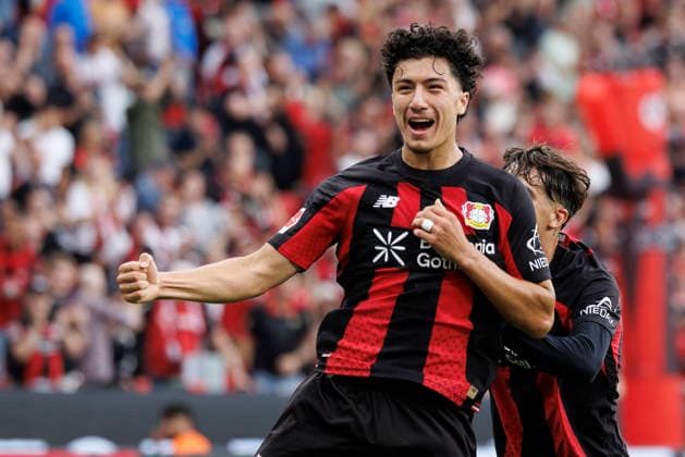 LEVERKUSEN, GERMANY - SEPTEMBER 5, 2026: Ibrahim Maza (Bayer 04 Leverkusen, 30) celebrates his goal—making it 4–0 together with his teammates during the German Bundesliga match on gameday 2 between Bayer 04 Leverkusen vs. 1. FC Union Berlin at BayArena on September 5, 2026 in Leverkusen, Germany. DFL REGULATIONS PROHIBIT ANY USE OF PHOTOGRAPHS AS IMAGE SEQUENCES AND OR QUASI-VIDEO. Northrhine-Westphalia Germany Copyright: xAxelxKohringx