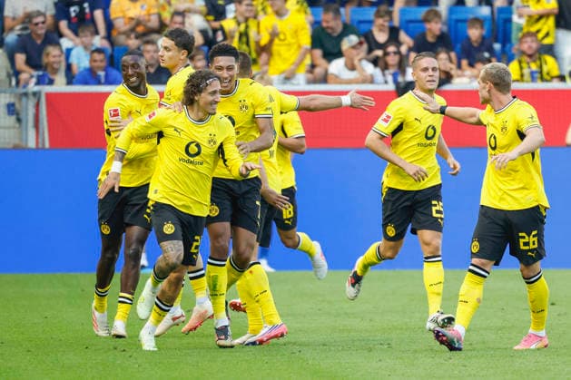 Im Bild: Jubel nach dem Tor zum 2:2 um Torschuetze Fabio Silva (Borussia Dortmund, 21) 05.09.2026, TSG 1899 Hoffenheim - Borussia Dortmund, 1. Bundesliga, 2. Spieltag, Deutschland, Sinsheim, SNP Arena, DFL REGULATIONS PROHIBIT ANY USE OF PHOTOGRAPHS AS IMAGE SEQUENCES AND OR QUASI-VIDEO. *** Pictured: Celebrations after the goal that tied the score at 2–2 by scorer Fabio Silva of Borussia Dortmund, May 21, 2026, TSG 1899 Hoffenheim vs. Borussia Dortmund, Bundesliga 1, Matchday 2, Germany, Sinsheim, SNP Arena. DFL regulations prohibit any use of photographs as image sequences and or quasi-video. Copyright: HMBxMedia xJulienxBecker
