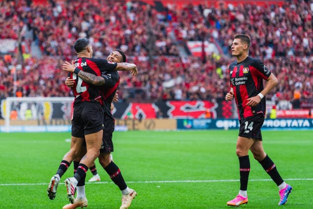 Beide Torschuetzen zum 1:0 und 2:0 jubeln zusammen, Facundo Medina (Bayer 04 Leverkusen, 02) und Ezequiel Fernandez (Bayer 04 Leverkusen, 06), Patrick Schick (Bayer 04 Leverkusen, 14) kommt dazu Bayer 04 Leverkusen vs. 1.FC Union Berlin, Fussball, 1.Bundesliga, 2.Spieltag, Saison 2026 27, 05.09.2026, DFL REGULATIONS PROHIBIT ANY USE OF PHOTOGRAPHS AS IMAGE SEQUENCES AND OR QUASI-VIDEO, Bayer 04 Leverkusen vs. 1.FC Union Berlin, Fussball, 1.Bundesliga, 2.Spieltag, Saison 2026 27, 05.09.2026 Leverkusen *** The two goal scorers—Facundo Medina (Bayer 04 Leverkusen, 02) and Ezequiel Fernandez (Bayer 04 Leverkusen, 06, and Patrick Schick (Bayer 04 Leverkusen, 14) joins them. Bayer 04 Leverkusen vs. 1. FC Union Berlin, soccer, Bundesliga 1, Matchday 2, 2026–27 season, September 5, 2026, DFL regulations prohibit any use of photographs as image sequences and or quasi-video, Bayer 04 Leverkusen vs. 1. FC Union Berlin, soccer, Bundesliga 1, Matchday 2, 2026–27 season, May 9, 2026, Leverkusen Copyright: xEibner-Pressefoto LukasxBaldygax EP_LBA