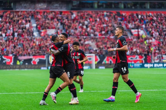 Beide Torschuetzen zum 1:0 und 2:0 jubeln zusammen, Facundo Medina (Bayer 04 Leverkusen, 02) und Ezequiel Fernandez (Bayer 04 Leverkusen, 06), Patrick Schick (Bayer 04 Leverkusen, 14) kommt dazu Bayer 04 Leverkusen vs. 1.FC Union Berlin, Fussball, 1.Bundesliga, 2.Spieltag, Saison 2026 27, 05.09.2026, DFL REGULATIONS PROHIBIT ANY USE OF PHOTOGRAPHS AS IMAGE SEQUENCES AND OR QUASI-VIDEO, Bayer 04 Leverkusen vs. 1.FC Union Berlin, Fussball, 1.Bundesliga, 2.Spieltag, Saison 2026 27, 05.09.2026 Leverkusen *** The two goal scorers—Facundo Medina (Bayer 04 Leverkusen, 02) and Ezequiel Fernandez (Bayer 04 Leverkusen, 06, and Patrick Schick (Bayer 04 Leverkusen, 14) joins them. Bayer 04 Leverkusen vs. 1. FC Union Berlin, soccer, Bundesliga 1, Matchday 2, 2026–27 season, September 5, 2026, DFL regulations prohibit any use of photographs as image sequences and or quasi-video, Bayer 04 Leverkusen vs. 1. FC Union Berlin, soccer, Bundesliga 1, Matchday 2, 2026–27 season, May 9, 2026, Leverkusen Copyright: xEibner-Pressefoto LukasxBaldygax EP_LBA