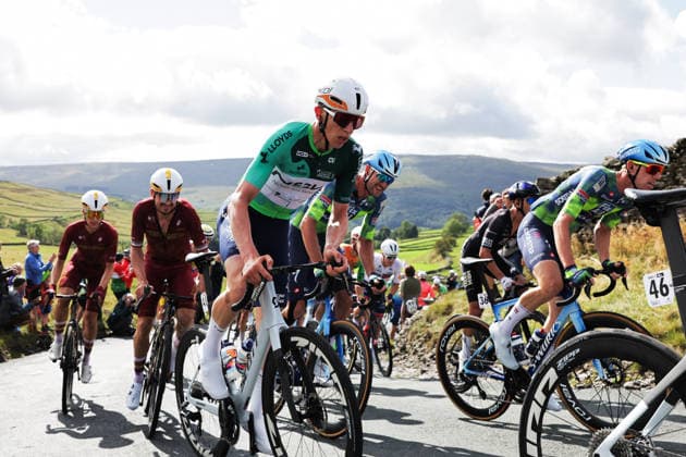 2026 Lloyds Tour of Britain Men Picture by Alex Whitehead SWpix.com - 05 09 2026 - Cycling - UCI ProSeries - 2026 Lloyds Tour of Britain Men - Stage 4: Helmsley to Leyburn (165.8km) - Lewis Askey (NSN Cycling Team) wearing the leaders jersey Copyright: x xSWpix.comx(t axPhotographyxHubxLtd)xAlexxWhitehead SWpix.comx SWP-3030-22498