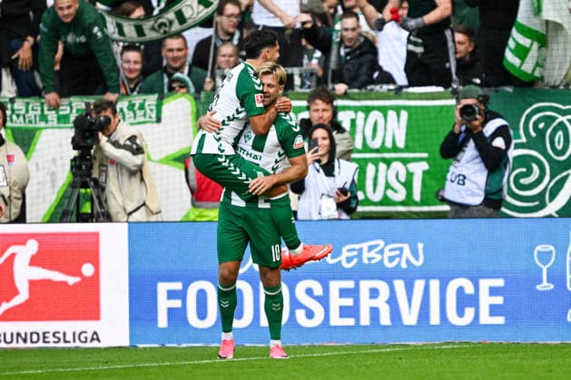 1. Bundesliga: SV Werder Bremen - RB Leipzig am 05.09.2026 im Weserstadion in Bremen Jubel, Torjubel, Torschuetze, Torschütze Niclas Füllkrug Fuellkrug (Bremen) jubelt nach seinem Tor zum 2:0 mit Ludovit Reis (Bremen) *** 1 Bundesliga: SV Werder Bremen vs. RB Leipzig on September 5, 2026, at the Weserstadion in Bremen—celebrations, goal celebrations, goal scorers, goal scorer Niclas Füllkrug (Fuellkrug); Bremen celebrates after his goal to make it 2-0, with Ludovit Reis; Bremen MT