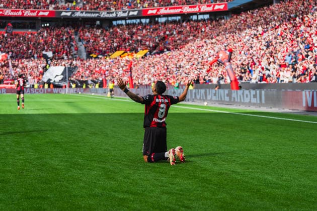 1-0 Torschuetze Ezequiel Fernandez (Bayer 04 Leverkusen, 06) mit seinem Torjubel, Emotion Bayer 04 Leverkusen vs. 1.FC Union Berlin, Fussball, 1.Bundesliga, 2.Spieltag, Saison 2026 27, 05.09.2026, DFL REGULATIONS PROHIBIT ANY USE OF PHOTOGRAPHS AS IMAGE SEQUENCES AND OR QUASI-VIDEO, Bayer 04 Leverkusen vs. 1.FC Union Berlin, Fussball, 1.Bundesliga, 2.Spieltag, Saison 2026 27, 05.09.2026 Leverkusen *** 1 0 Goal scorer Ezequiel Fernandez of Bayer 04 Leverkusen, 06 celebrating his goal, Emotion Bayer 04 Leverkusen vs. 1. FC Union Berlin, Soccer, Bundesliga, Matchday 2, 2026–27 season, September 5, 2026, DFL regulations prohibit any use of photographs as image sequences and or quasi-video, Bayer 04 Leverkusen vs. 1. FC Union Berlin, soccer, Bundesliga 1, Matchday 2, 2026–27 season, September 5, 2026, Leverkusen Copyright: xEibner-Pressefoto LukasxBaldygax EP_LBA