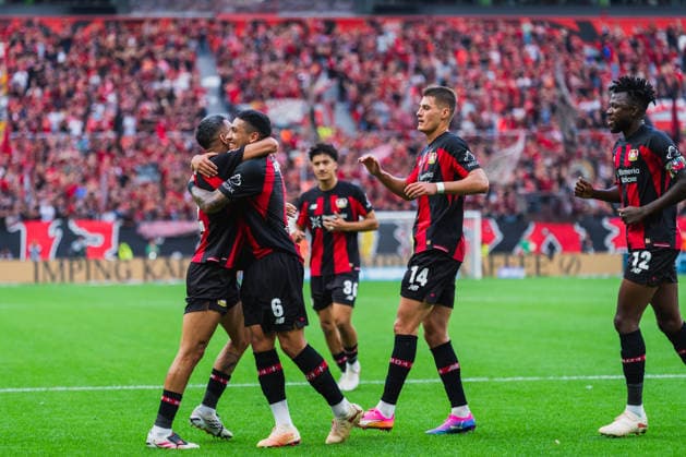 Beide Torschuetzen zum 1:0 und 2:0 jubeln zusammen, Facundo Medina (Bayer 04 Leverkusen, 02) und Ezequiel Fernandez (Bayer 04 Leverkusen, 06), Patrick Schick (Bayer 04 Leverkusen, 14) kommt dazu Bayer 04 Leverkusen vs. 1.FC Union Berlin, Fussball, 1.Bundesliga, 2.Spieltag, Saison 2026 27, 05.09.2026, DFL REGULATIONS PROHIBIT ANY USE OF PHOTOGRAPHS AS IMAGE SEQUENCES AND OR QUASI-VIDEO, Bayer 04 Leverkusen vs. 1.FC Union Berlin, Fussball, 1.Bundesliga, 2.Spieltag, Saison 2026 27, 05.09.2026 Leverkusen *** The two goal scorers—Facundo Medina of Bayer 04 Leverkusen (No. 02) and Ezequiel Fernandez of Bayer 04 Leverkusen (No. 06, and Patrick Schick (Bayer 04 Leverkusen, 14) joins them. Bayer 04 Leverkusen vs. 1. FC Union Berlin, soccer, Bundesliga 1, Matchday 2, 2026–27 season, September 5, 2026, DFL regulations prohibit any use of photographs as image sequences and or quasi-video, Bayer 04 Leverkusen vs. 1. FC Union Berlin, soccer, Bundesliga 1, Matchday 2, 2026–27 season, May 9, 2026, Leverkusen Copyright: xEibner-Pressefoto LukasxBaldygax EP_LBA